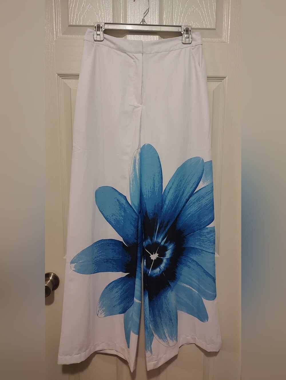 Wide Leg White Pants with Blue Floral Print